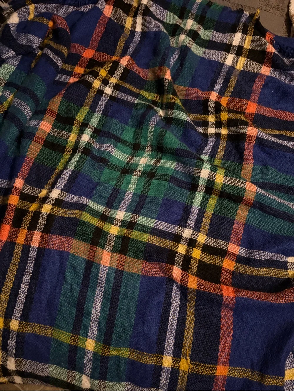 Simply Southern Blue Plaid Fringe Blanket Scarf with Green and Orange Accents